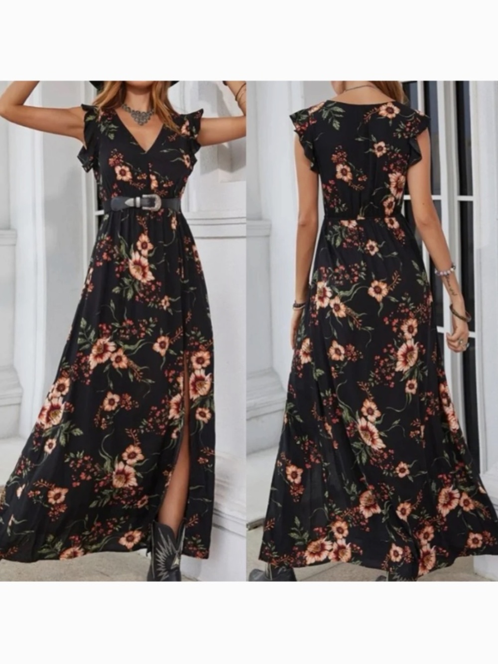 Black Floral Maxi Dress with Orange Bloom - Women XS